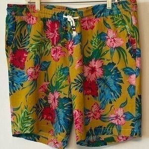 JOGAL Yellow Multi-Color Hawaiian Floral Shorts XXL.